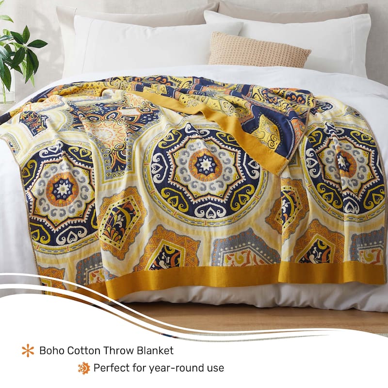100% Cotton Boho Floral Thermal Breathable Jacquard Throw Blankets