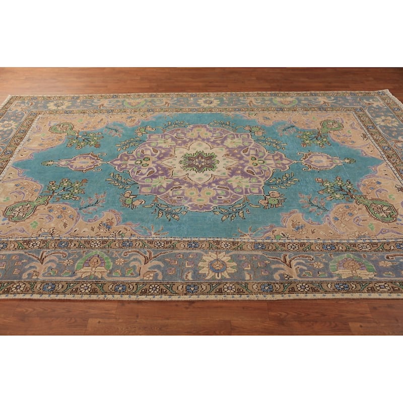 Turquoise Blue Medallion Tabriz Persian Area Rug Handmade Wool Carpet - 6'4"x 9'10"