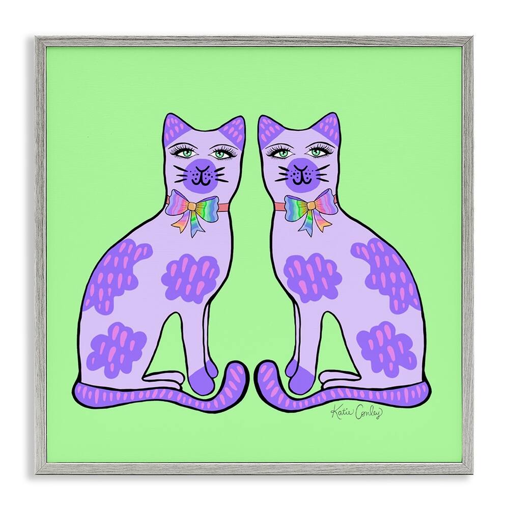 Stupell Purple Cats on Green Framed Giclee Art Design By Katie Conley