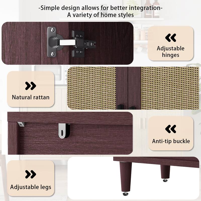 Rattan Sideboard Buffet Cabinet, 70" Storage Cabinet with Adjustable Shelves, Farmhouse Credenza Coffee Bar Cabinets w/ 4 Doors聽