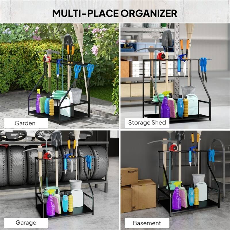 3 Tier Garden Tool Storage Rack Metal Organizer with Hooks and Shelves for Indoor and Outdoor Use - 33.1" L x 20.9" W x 28.7" H