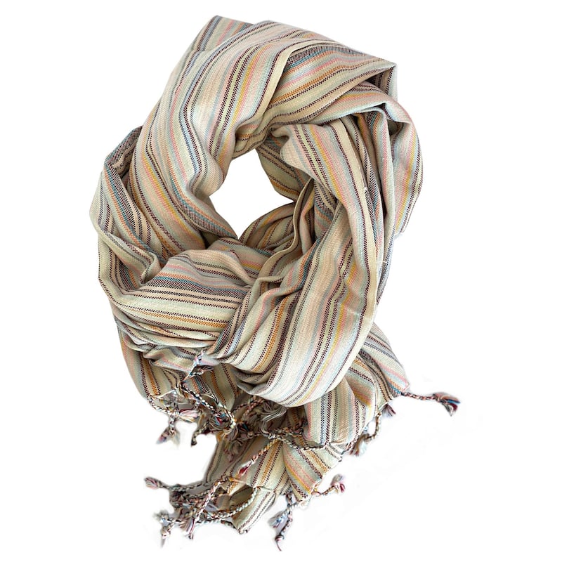HomeRoots 39" X 71" Beige and Pink Cotton Striped Turkish Towel Throw Blanket with Tassels