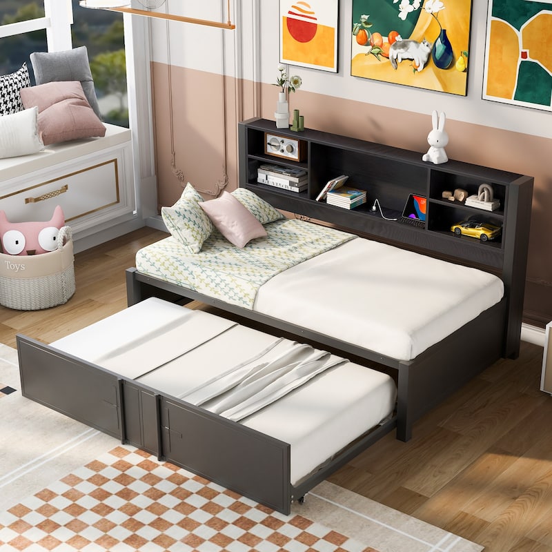 Black Metal Twin Daybed with Trundle & USB Ports