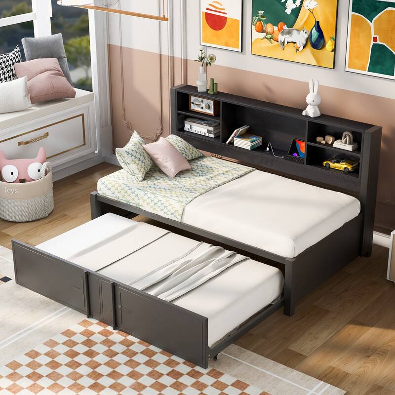 Black Metal Twin Size Daybed with Trundle, Storage Shelves, and USB Ports, No Box Spring Needed