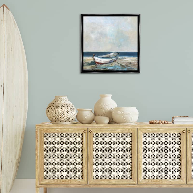 Stupell Boat & Oar on Shore Framed Floater Canvas Wall Art Design By Sally Swatland