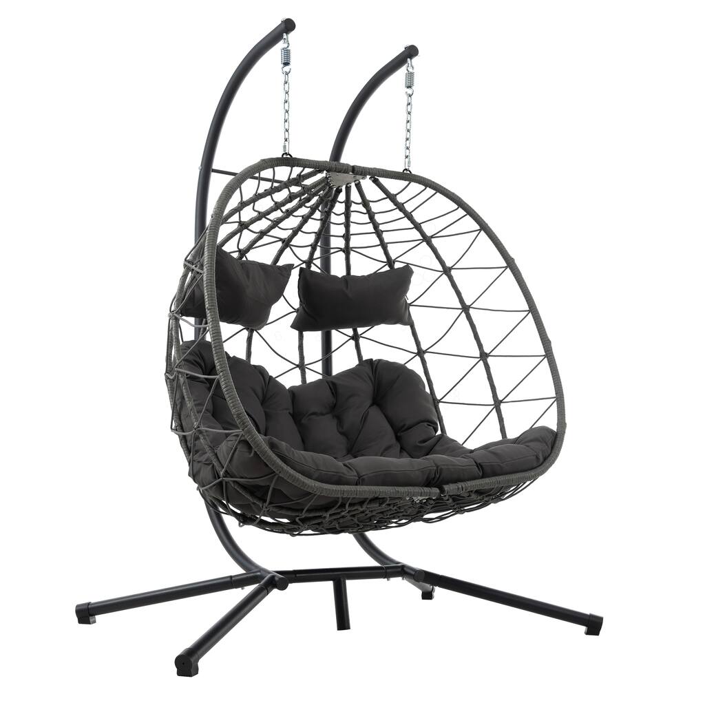 2-Person Hanging Wicker Egg Chair Swing with Stand - Indoor/Outdoor Swing Chair for Patio, Balcony, Garden, and Living Room