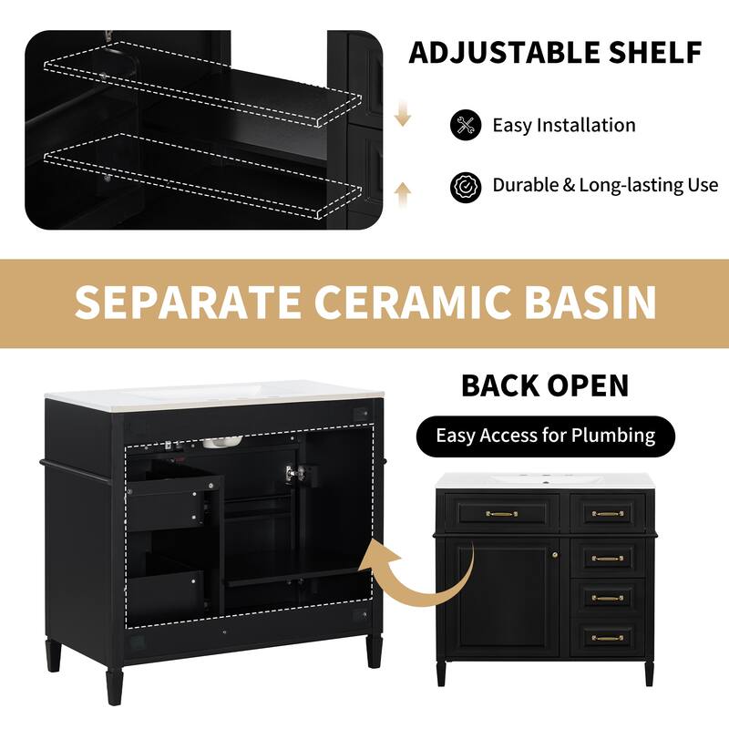 Freestanding 36 Inch Bathroom Vanity Cabinet with Ceramic Sink (Faucet Not Included)