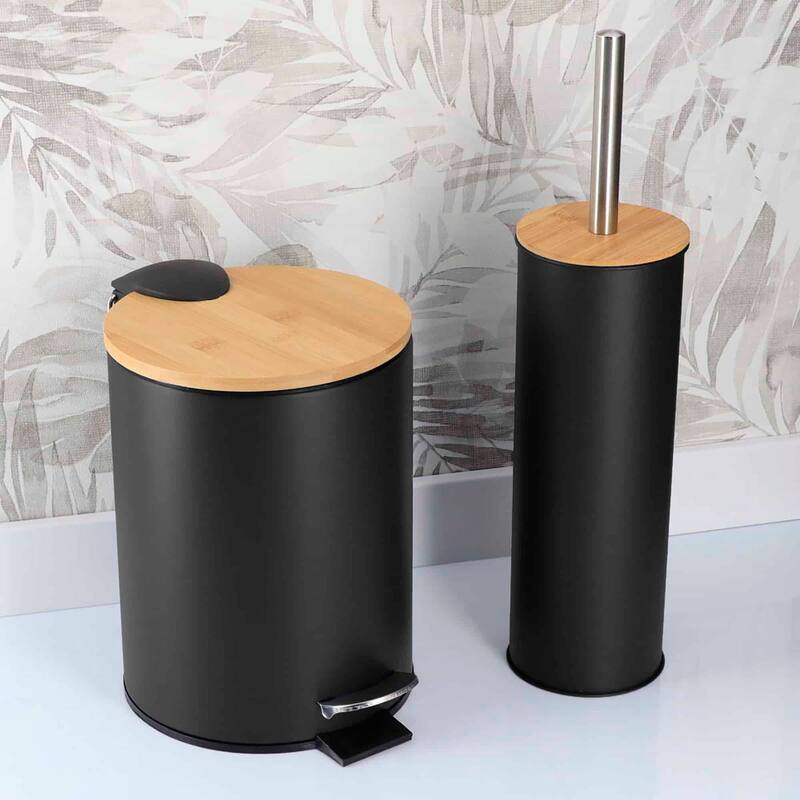 Bathroom Set with Bamboo Lid - Matte Metal Trash Can and Toilet Brush - 15.6" H x 11" L x 11" W