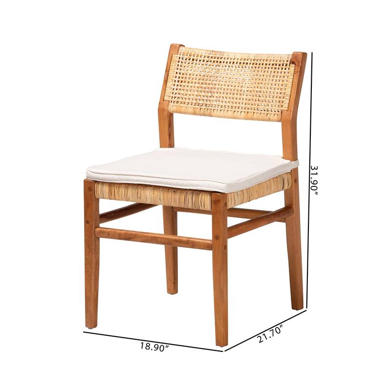 Chatura Natural Rattan and Mahogany Wood Dining Side Chair - Handwoven Wicker Dining Chair with Angled Back