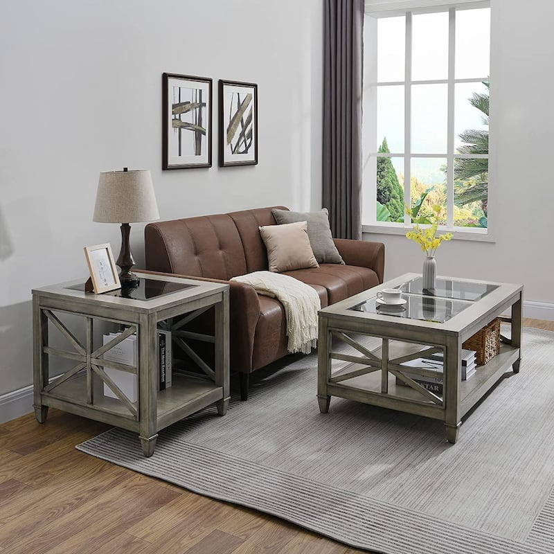 Solid Wood Farmhouse Square End Table with Tempered Glass Top