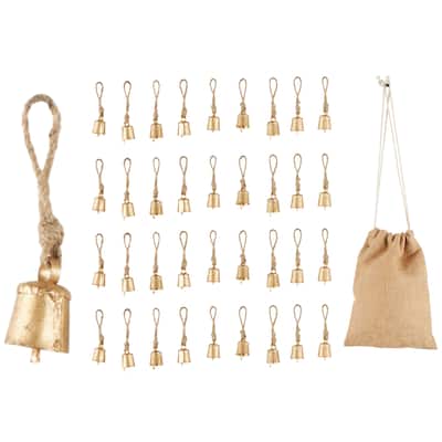 Metal Tibetan Inspired Decorative Bells with Brown Jute Rope and Canvas Tote - Set of 18 or 36 Gold - Roche River Decor