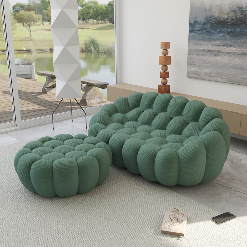 3D Honeycomb Fabric Upholstered Bubble Sofa Modern Loveseat with Ottoman - Green