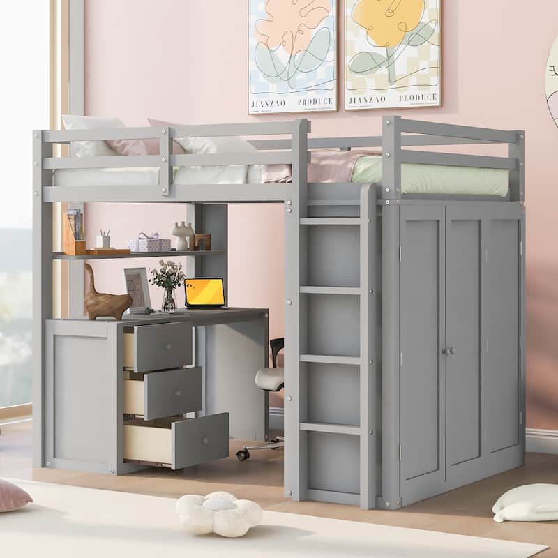 Gray Multi-functional Pine Loft Bed with Desk, Wardrobe, Drawers, and Shelves