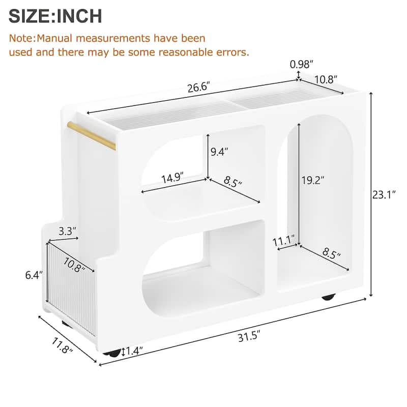 Roomfitters Mobile End Table with Lockable Wheels, Narrow Coffee Table with Fluted Tempered Glass and Golden Rod Design