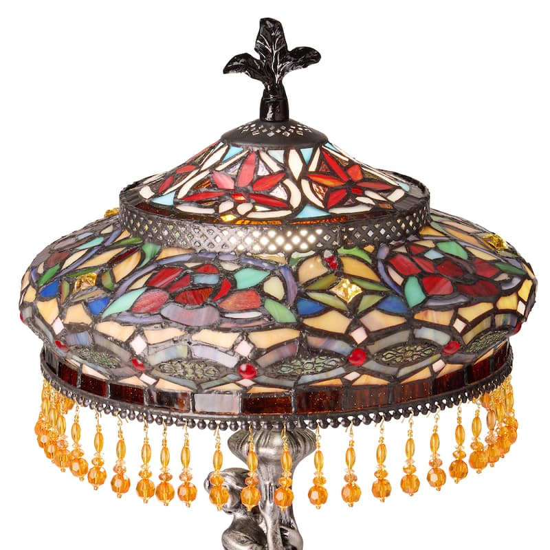 Parisian River of Goods Antique Silver Polyresin and Stained Glass Bell Shade 24-Inch Table Lamp - 12" X 12" X 24"