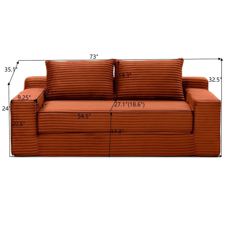Orange Floor Sofa Couch Convertible Sofa Bed with Storage Pockets, Boneless Pull-Out Sofa Bed for Living Room