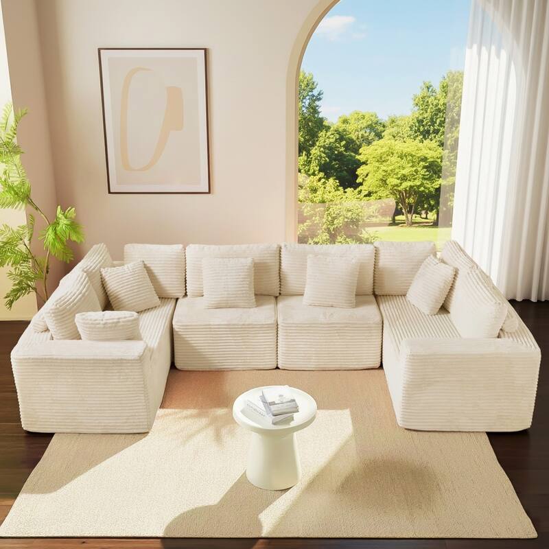 135.5" Striped Corduroy Modular U-Shaped Sectional Sofa with Pillows - Beige