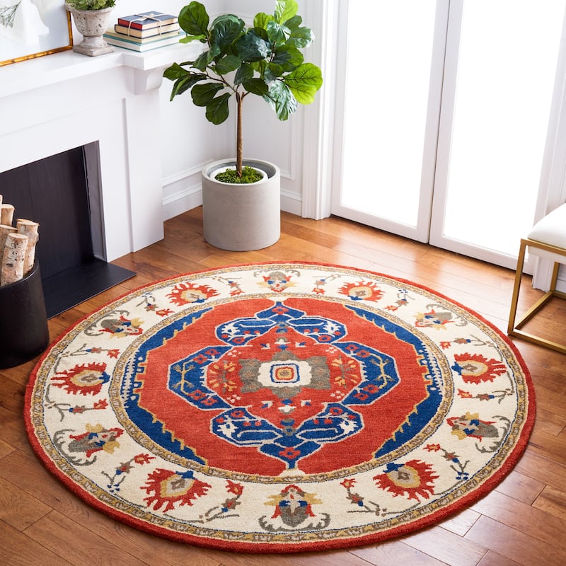 SAFAVIEH Handmade Antiquity Pervenche Traditional Wool Rug - 6' Round - Rust/Ivory