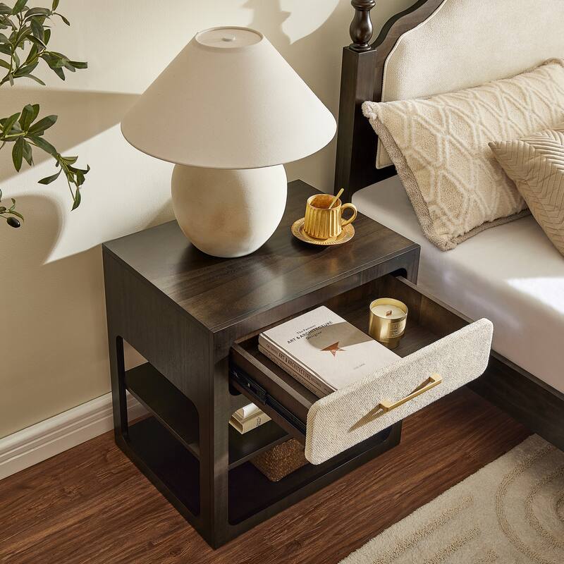 18" Modern Nightstand with Textured Fabric Drawer and 2-Tier Open Shelves