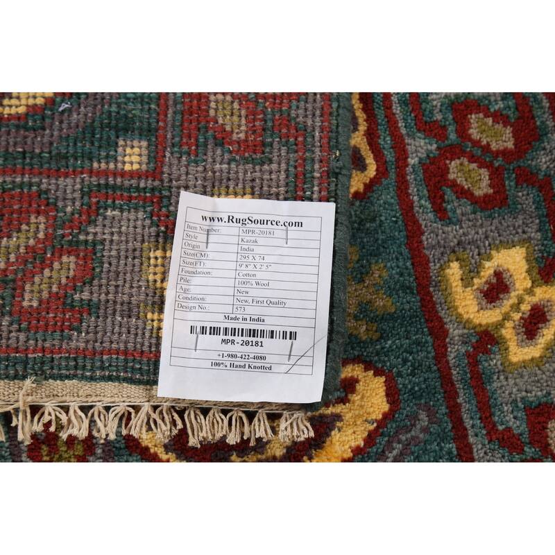 Green Geometric Kazak Runner Rug Hand-Knotted Wool Carpet - 2'5"x 9'8"