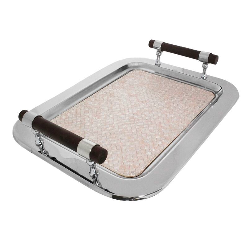 Sol Living Rectangular Stainless Steel Serving Tray, Pink Leather - 16.5" x 13" x 2.8"
