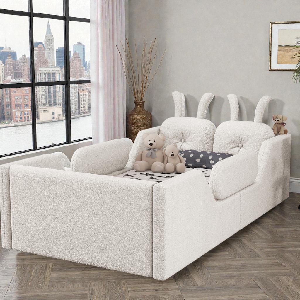 Twin Size Upholstered Floor Bed for Kids with Removable Side Rails, Soft Teddy Fabric Platform Bed