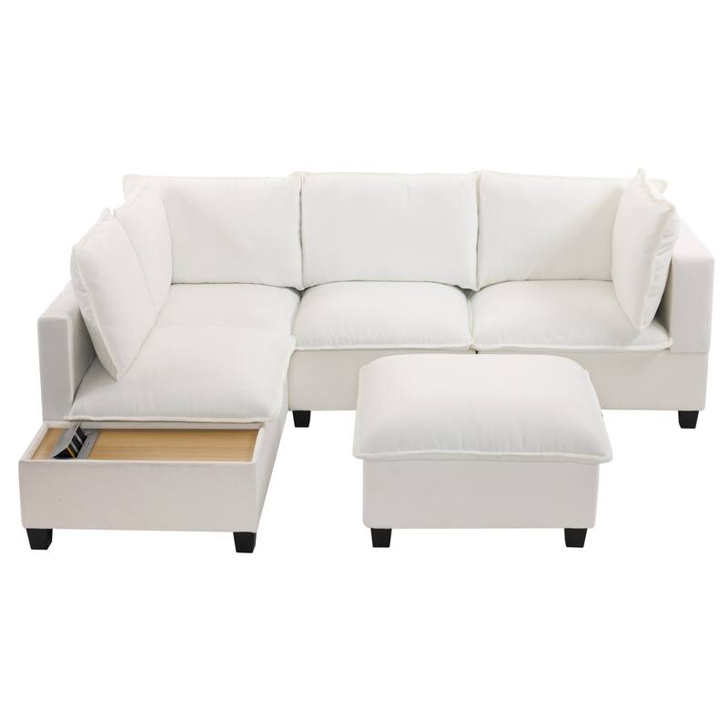 U-Shaped Sectional Sofa with Ottoman, Coffee Table with Hidden Charging Devices, Oversized Chenille Upholstered Cloud Sofa