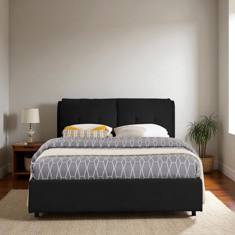 Queen/King Size Upholstered Hydraulic Storage Platform Bed with Chenille Fabric and Integrated Headboard - Black - Queen