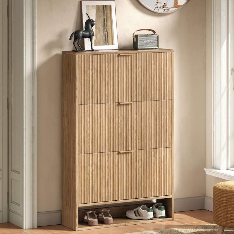 31.5''W Shoe Storage Cabinet for Entryway with 3 Flip Drawers, Fluted Slim Shoe Cabinet for Foyer, Hallway
