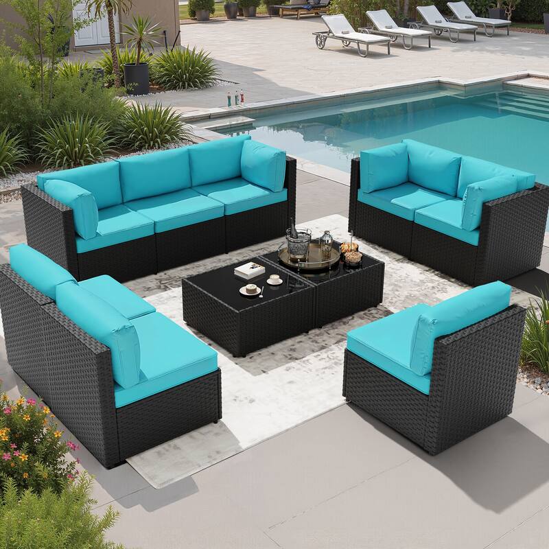 10-Piece Sectional Seating Group with Cushion, Wicker Sectional Sofa - Blue/Black