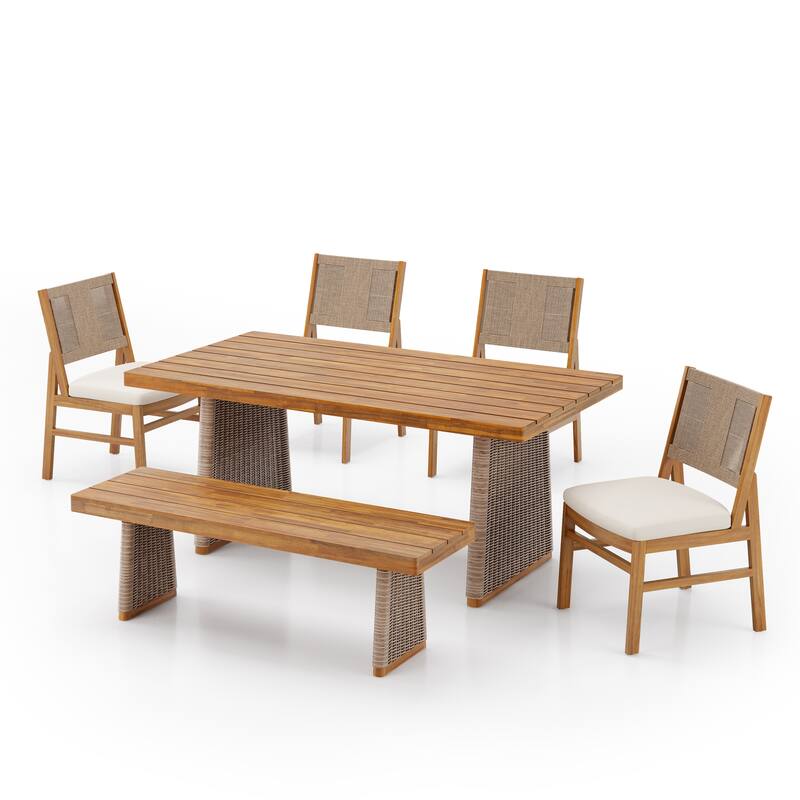Christopher Knight Home - Arly Outdoor Acacia Wood and Wicker Dining Set with Cushioned Chairs, Bench, and Rectangular Table
