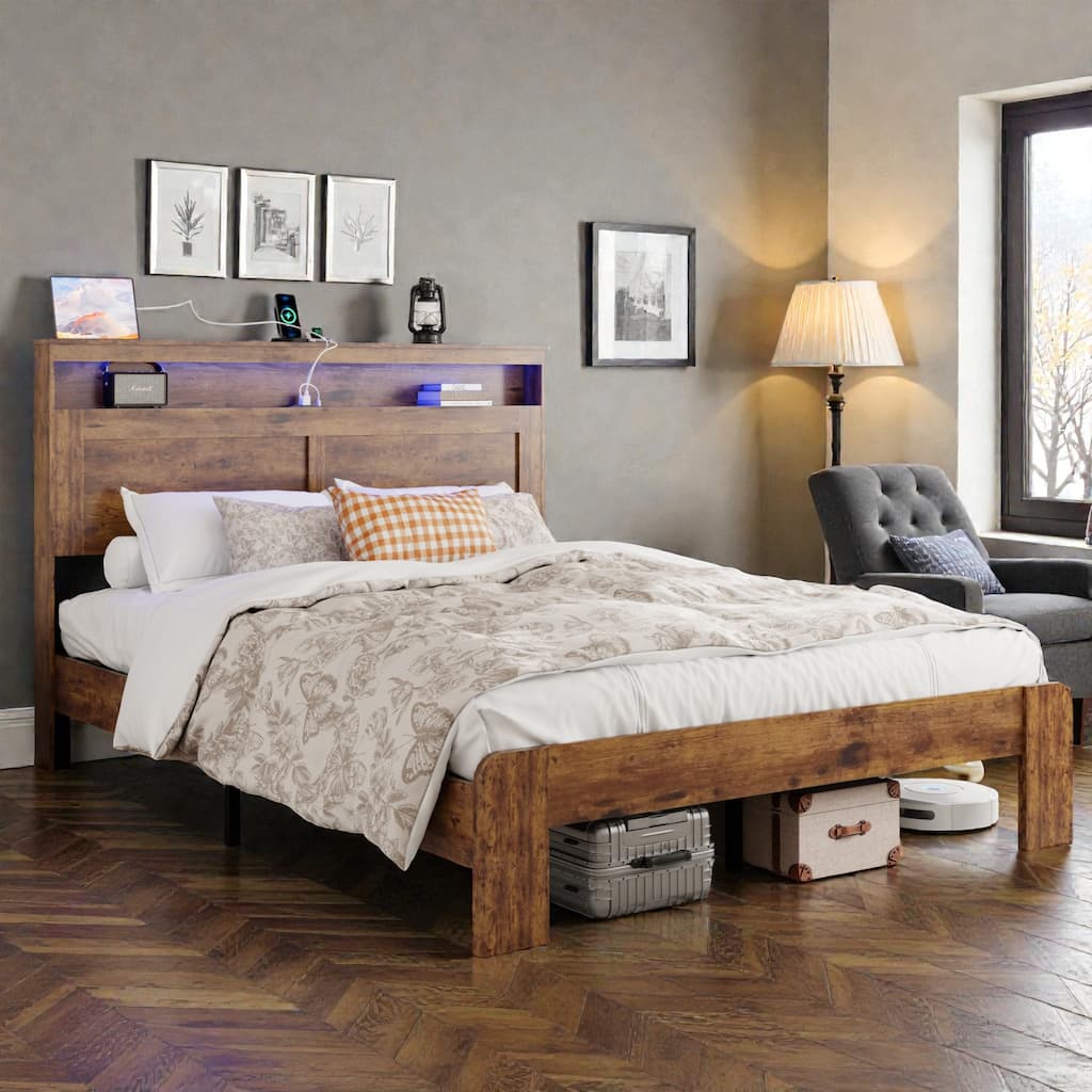 Wood Platform Bed Frame with Storage LED Headboard, 2 USB Ports, Metal Frame, No Box Spring Needed