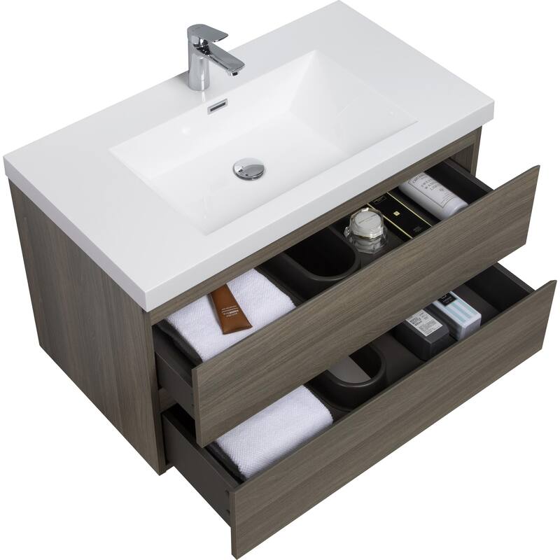 36" Wall-Mounted Floating Bathroom Vanity with Glossy White Resin Sink, Soft Close Drawers, Natural Oak Cabinet