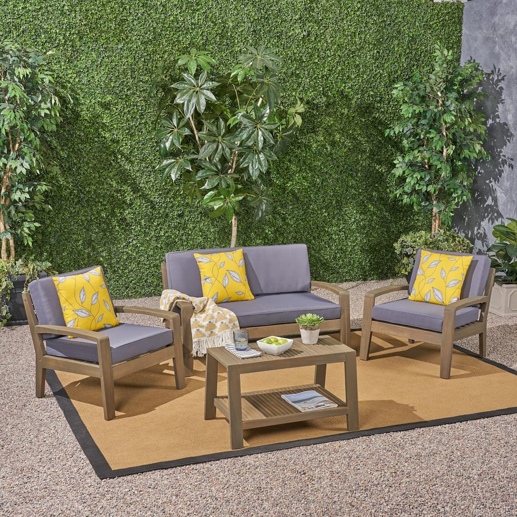 Grenada Acacia Wood 4-Piece Outdoor Chat Set with Cushions by Christopher Knight Home