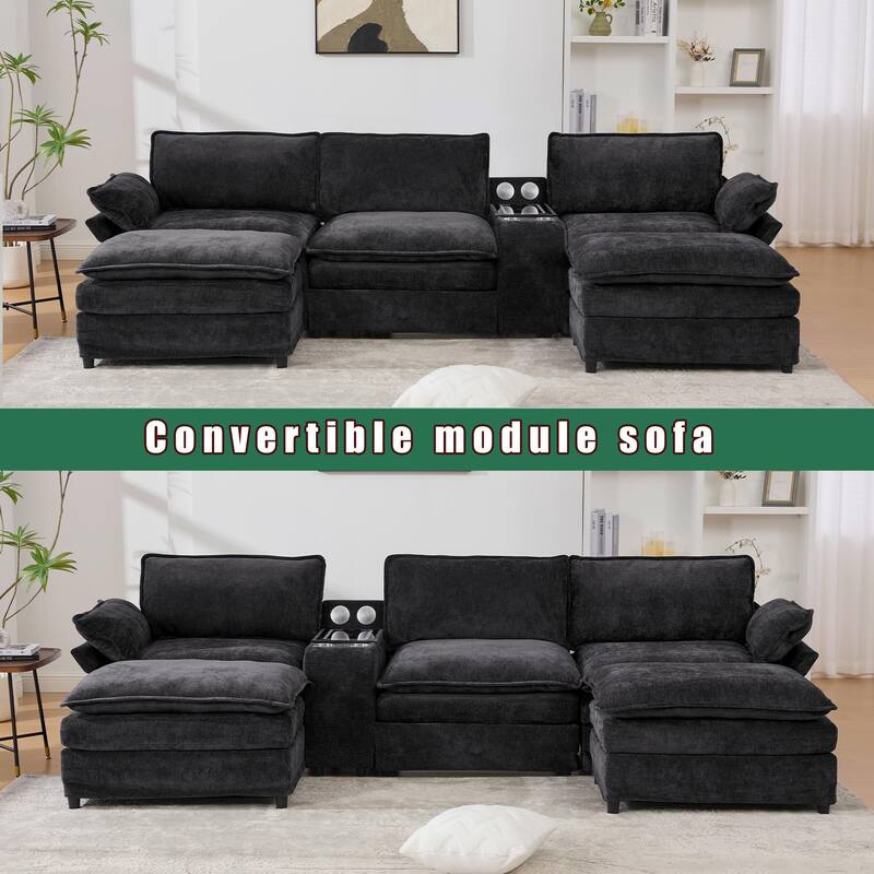 Modular Sectional Sofa, U Shaped Couch with 2 Ottomans, Storage Console & Wireless Charging, 2 Cup Holders, Bluetooth Speakers