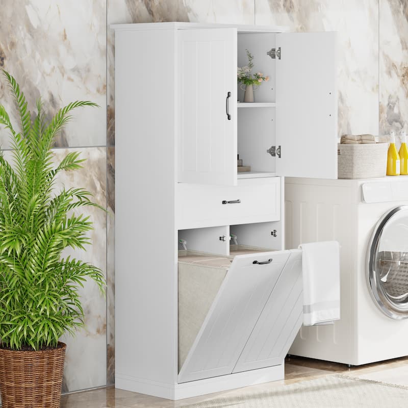 Roomfitters Bathroom Storage Cabinet with Double Laundry Hampers, Doors and Drawer Organizer