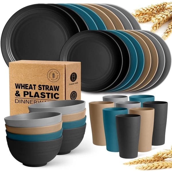 32-Piece Kitchen Plastic Wheat Straw Dinnerware Set, Service for