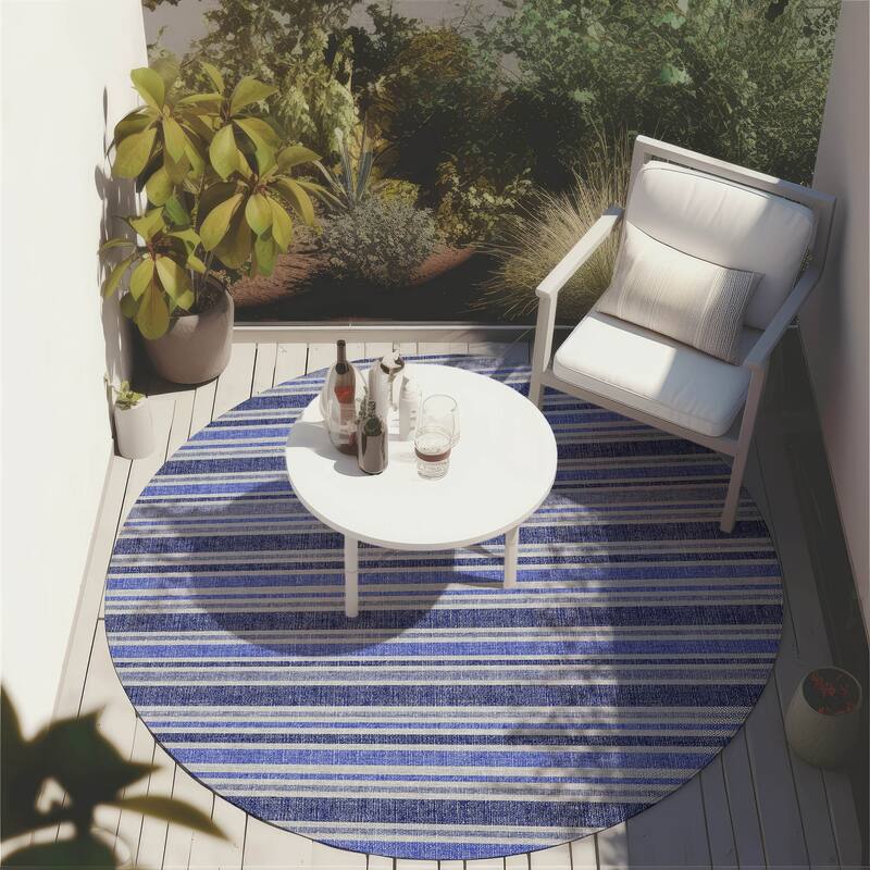 Machine Washable Indoor/ Outdoor Multi Cabana Stripe Chantille Rug - Blue - 8' x 8'