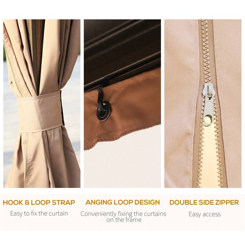 10' x 13' Hardtop Gazebo with Curtains and Netting, Pavilion with Steel Roof Ceiling Hook