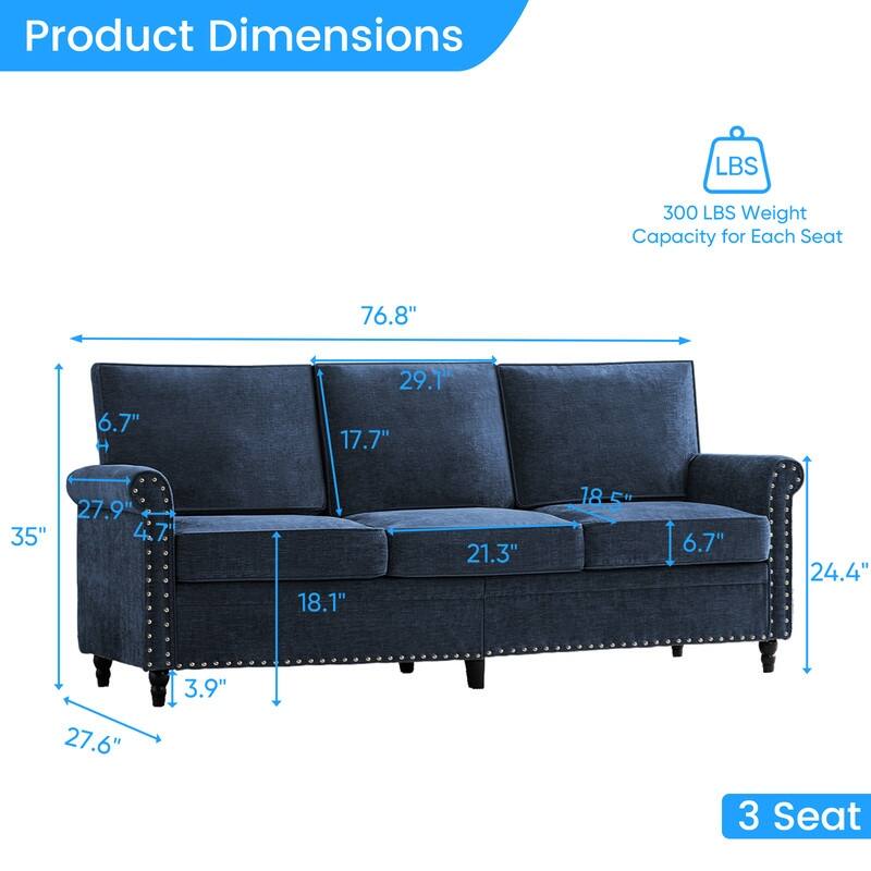 Mixoy Chenille Living Room Sofa,Modern 3-Seater Sofa Couch,Unique Riveted Look