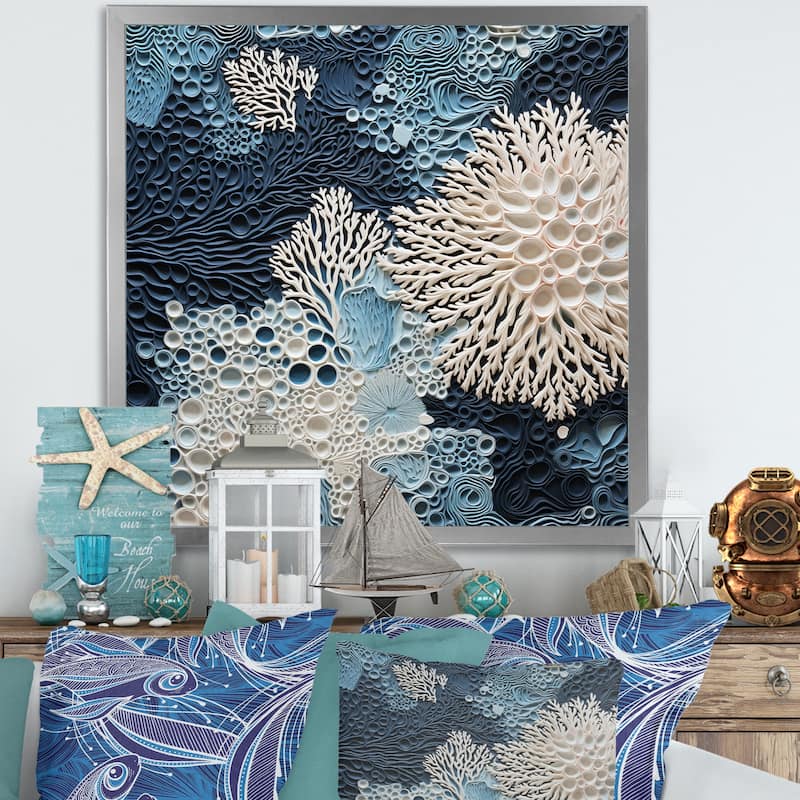 Designart "Under Water Blue And White Corals Collage" Coastal Framed Canvas Wall Art - 30 in. wide x 30 in. high - Silver
