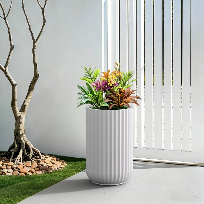 Concrete Tall Round Ribbed Design Planter with Drainage Hole