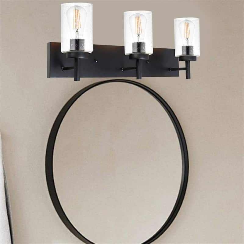 3-Light Black Vanity Light with Seeded Glass Shades