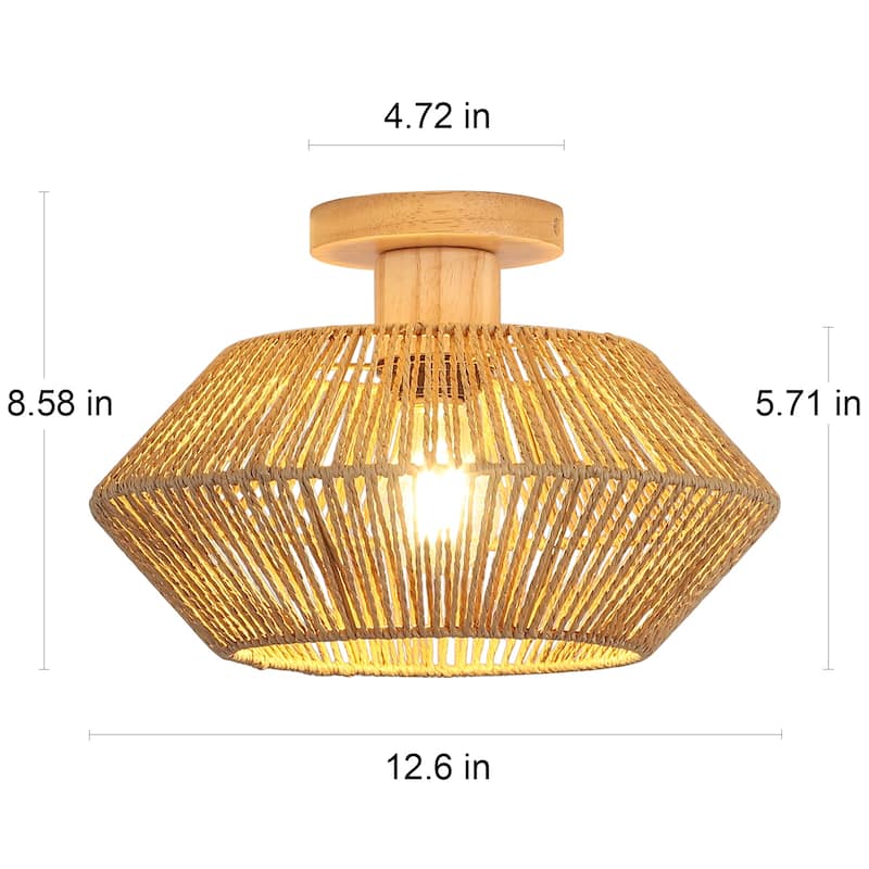 Boho 1-Light Semi-Flush Mount Chandelier with Drum Shade for Living Room Kitchen Island Dining Foyer - W12.6"x H5.71"