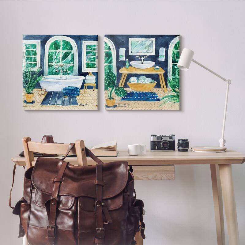 Stupell Bold Blue Bathroom Interior Still Life Sink Bathtub 2pc Multi Piece Canvas Wall Art Set