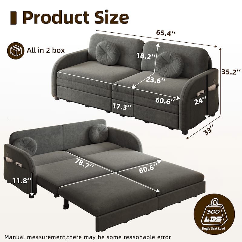 Homy Casa 3-in-1 Convertible Sleeper Sofa Bed, Pull-Out Couch w/ USB, Side Pocket & 4 Pillows, Chenille, 2/3/4-Seat