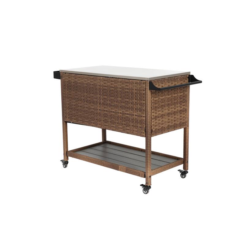 Outdoor Wicker Bar Cart, Patio Wine Serving Cart w/Wheels, Rolling Rattan Beverage Bar Counter Table w/Glass Top
