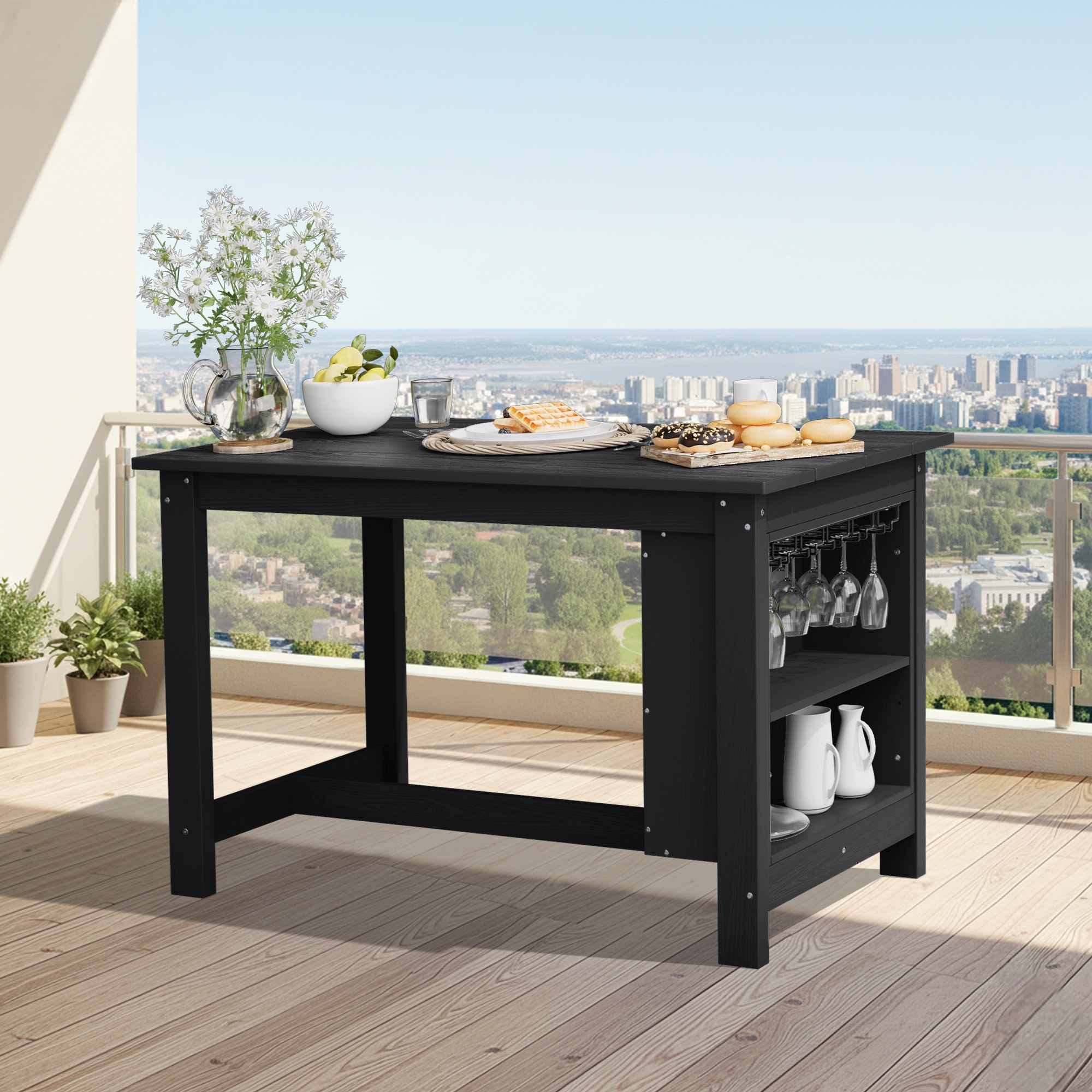 28.2-in W x 55.1-in L HDPE Outdoor Counter Height Table with Storage Shelves and Hanging Cup Hooks Patio Dining Table