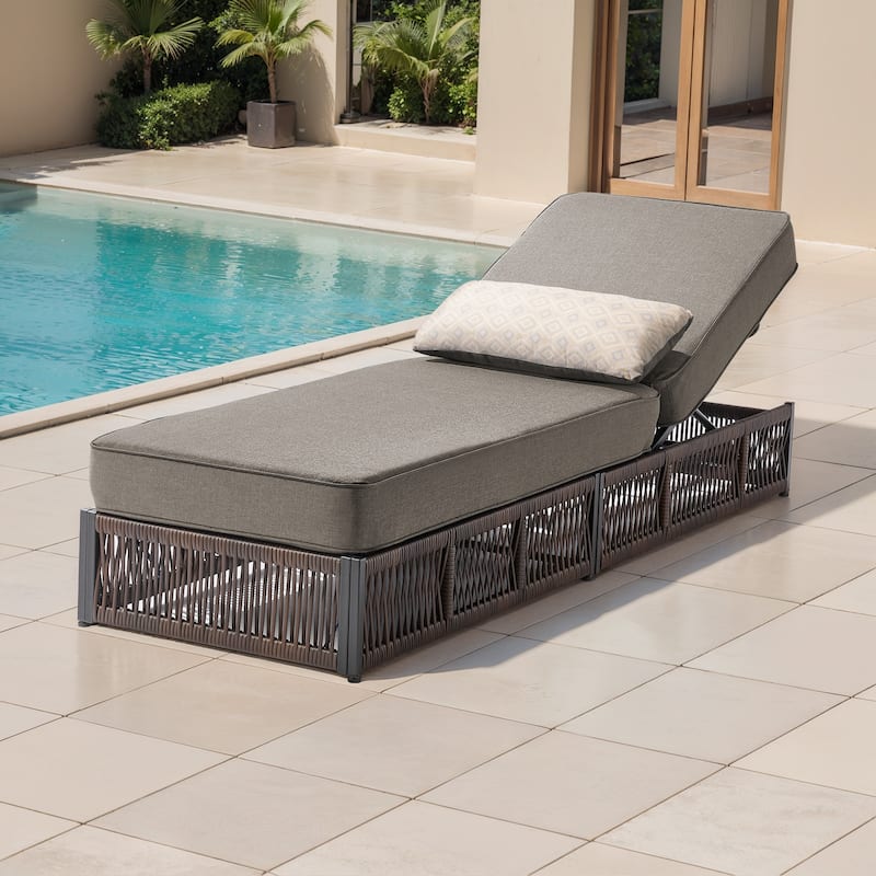 ArcoBay Brown Wicker Outdoor Patio Chaise Lounge with 5-Inch Thick Cushions - Grey