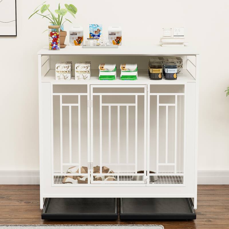 43.3" Dog Crate Furniture for Large Dogs, Wooden Dog Crate with Divider, 2 Door Dog Kennel with 3 Drawers Storage